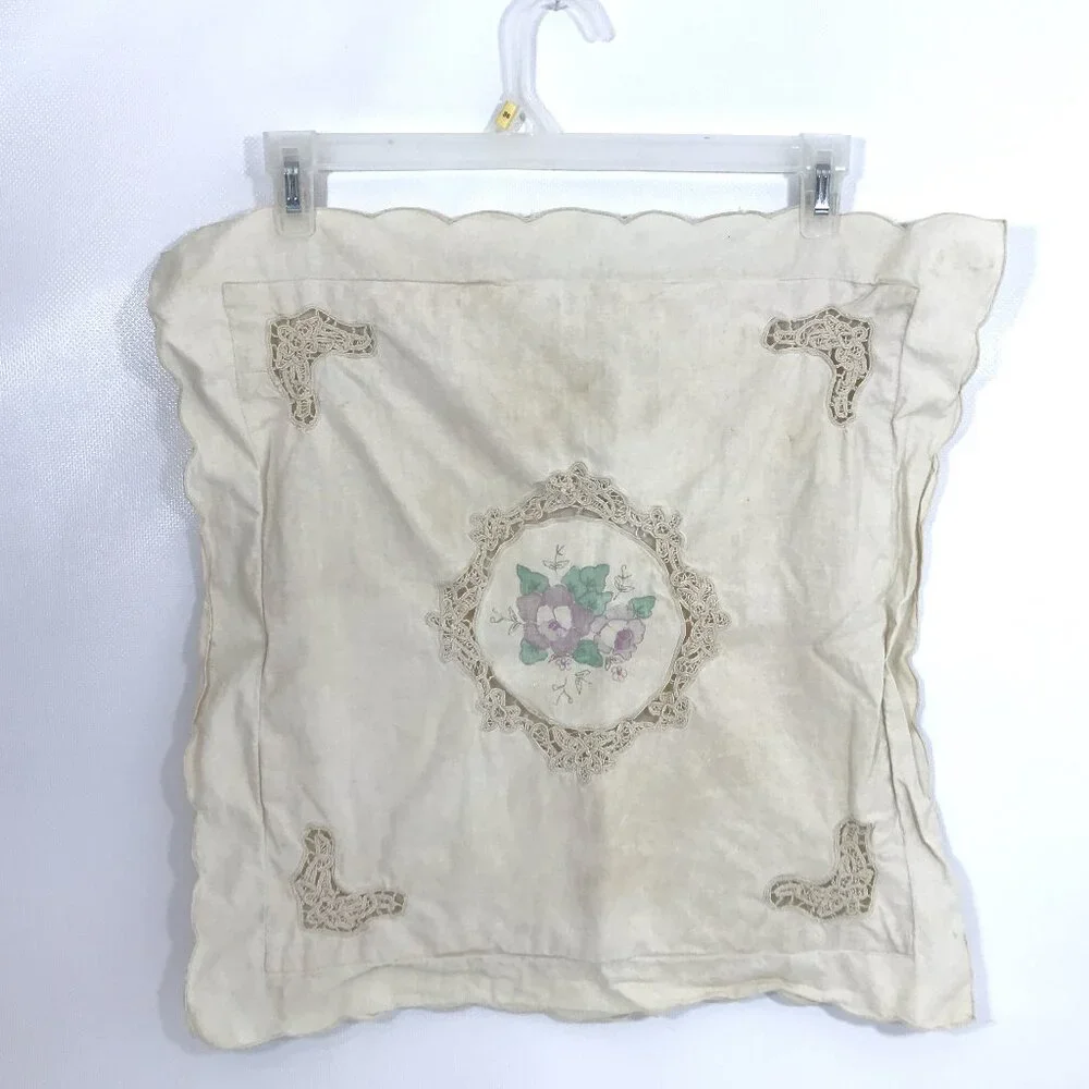 Vintage 70s Accent Pillow Cover Lace Needlepoint Floral Ruffle